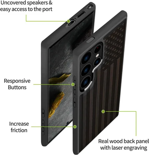 Vista 6 de Carveit Funda de madera para Galaxy S24 Ultra, bandera americana Bandera americana-Madera oscura