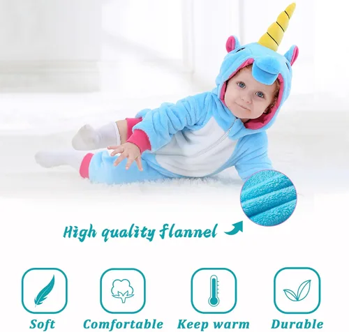 Vista 3 de TONWHAR - Disfraz para niños y bebés, disfraz de dinosaurio, tigre, animal, atuendo de fantasía, mameluco con capucha Azul (Blue Unicorn)
