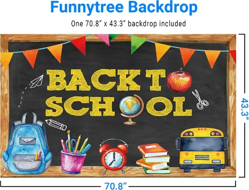 Vista 2 de Funnytree Telón de fondo para fotografía de regreso a clases, pizarra para niños, pancarta de fiesta escolar, autobús escolar, lápiz de tiza