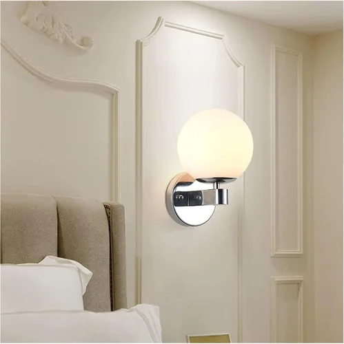 Vista 2 de Lámpara de pared con forma de globo, lámpara de pared de vidrio blanco, lámparas montadas en la pared de mediados de siglo E27, luces de cabecero