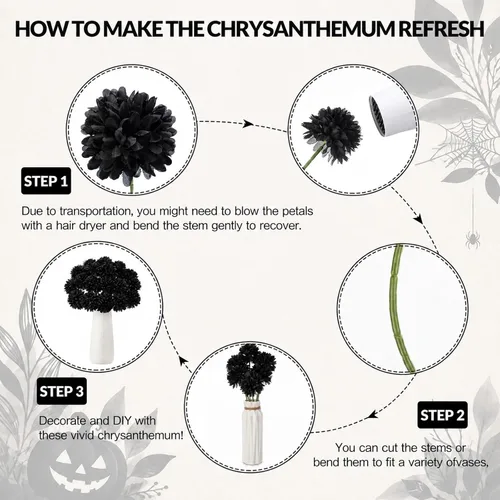 Vista 3 de Tigeen 60 piezas de flores artificiales negras crisantemo para decoración Negro