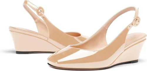 Vista 6 de WAYDERNS Zapatos de vestir de tacón bajo con hebilla y punta cuadrada de patente para mujer, zapatos de vestir lindos de 2 pulgadas