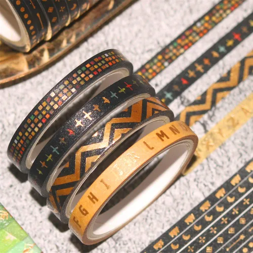 Vista 8 de YUBBAEX Juego de 26 rollos de cinta washi india, 0.197 in de ancho, tótem folclórico dorado fino decorativo para diario, álbum de recortes, agenda