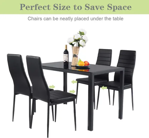 Vista 6 de S AFSTAR Juego de mesa de comedor de 5 piezas, juego de mesa de cocina con mesa de vidrio templado negro y 4 sillas acolchadas de piel sintética