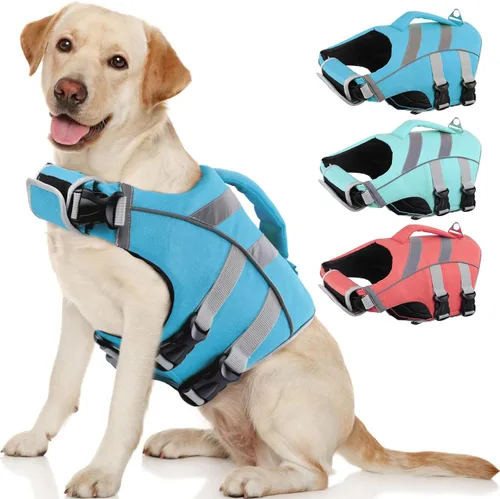 Vista 7 de Kuoser Chaleco salvavidas reflectante para perro, chaleco salvavidas para nadar y navegar Chalecos salvavidas ajustables para mascotas, traje