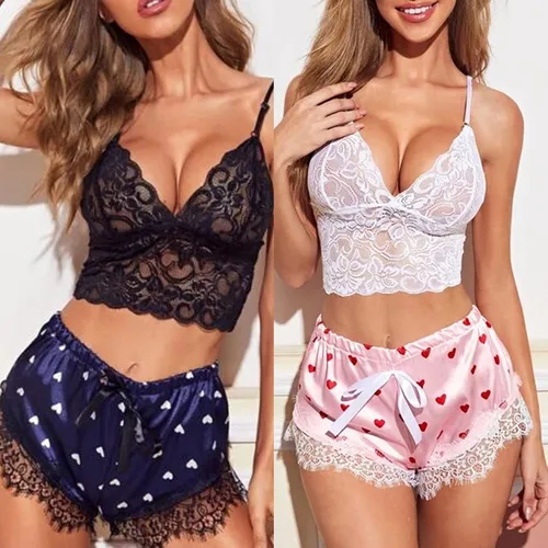 Vista 3 de 2 piezas de lencería sexy para mujer, color transparente, talla grande, encaje de malla, camisón para sexo travieso juego 1097