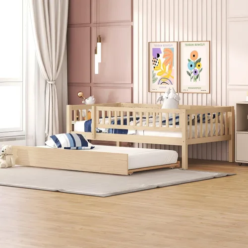 Vista 10 de Base de cama de tamaño individual con barandillas nido y vallas, camas infantiles de madera estilo Montessori con soporte de tablillas, sofá cama