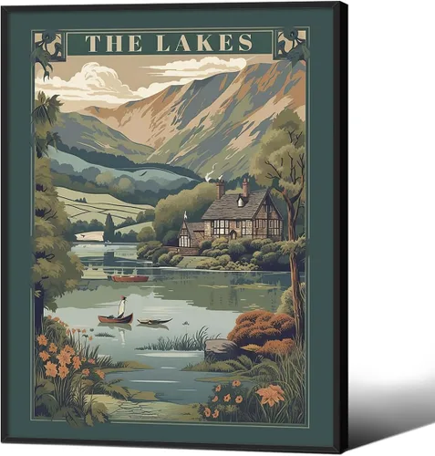 Vista 8 de Póster de paisaje campestre y lago, arte de pared de paisaje de naturaleza otoñal, 08 x 10 pulgadas, marco negro, pintura al óleo vintage de otoño