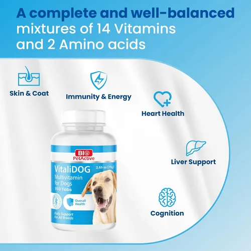 Vista 9 de Bio PetActive VitaliDOG Multivitamínico masticables para perros con biotina, vitaminas A E complejo B y aminoácidos, apoya la piel sana, el pelaje
