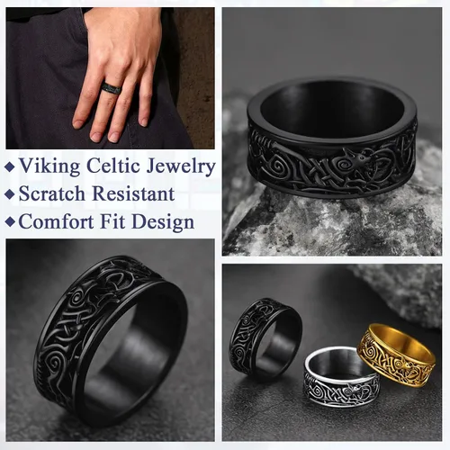 Vista 3 de FaithHeart Anillos de sello de cabeza de lobo para hombres y mujeres, anillo vikingo nórdico de acero inoxidable, tamaño 7891011121314 personalizado
