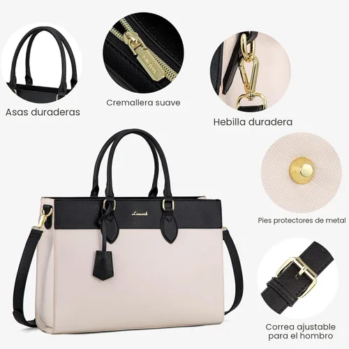Vista 6 de LOVEVOOK Bolsa para laptop para mujer, bolsa de trabajo para laptop de 15.6 pulgadas, maletín grande de cuero impermeable para oficina, beige y negro