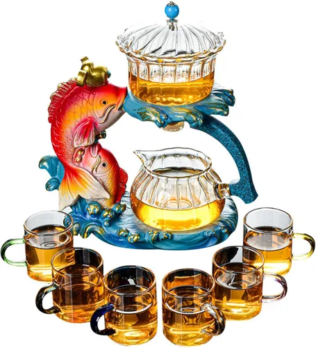 Vista 8 de Juego de té semiautomático creativo de cristal, juego de tazas de té Lazy Kung Fu resistente al calor, tetera de tetera (tetera de pescado)