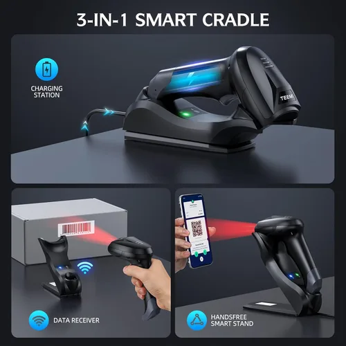 Vista 5 de TEEMI Escáner de código de barras Bluetooth TMSL-56CR con base de carga USB Escáner QR 2D, lector de licencia de conducir, análisis de datos