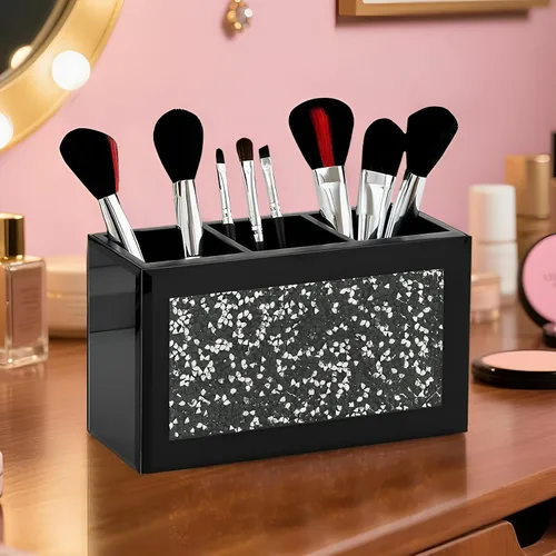 Vista 2 de SHYFOY Organizador Portacepillos de Maquillaje Negro, Organizador de Almacenamiento de Cepillos de Cosméticos de 3 Ranuras de Vidrio con Diamante