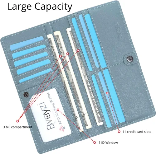 Vista 3 de Bveyzi Billeteras de cuero ultrafino con bloqueo RFID para tarjetas de crédito, billetera plegable para mujer