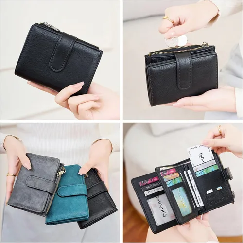 Vista 6 de Cartera pequeña de cuero vegano para mujer, billetera plegable y compacta con bolsillo para monedas con cremallera, Negro, Moderno