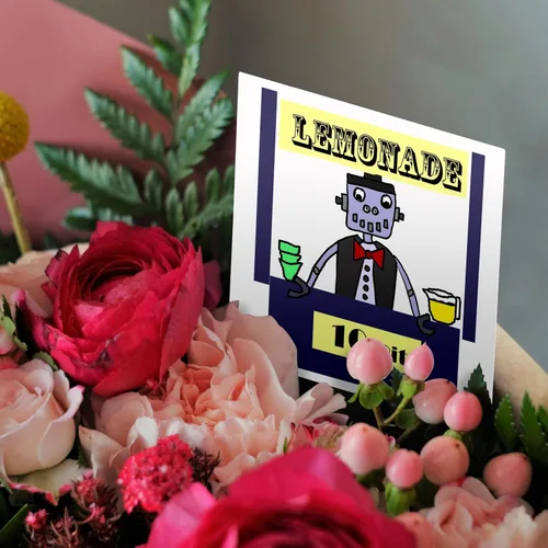 Vista 3 de Todas las sonrisas Art Funny – Funny Cute Robot venta limonada para 10 puntas de Bitcoin – Tarjetas de felicitación