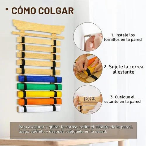 Vista 4 de Karate Belt Display Rack with Stickers, Martial Arts Belt Display Holder, Taekwondo Belt Jiu Jitsu Belt BJJ Belt Display Hanging Holder for Adults