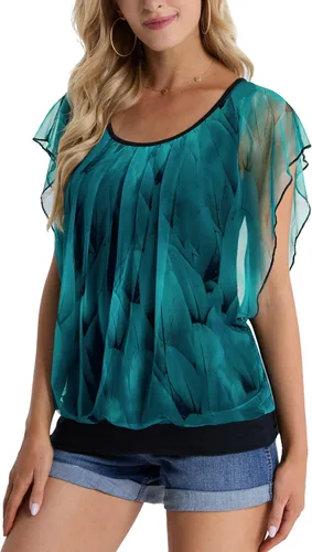 Vista 3 de BAISHENGGT Blusas de verano para mujer, de manga corta, plisadas, de malla frontal, blusas elegantes y casuales