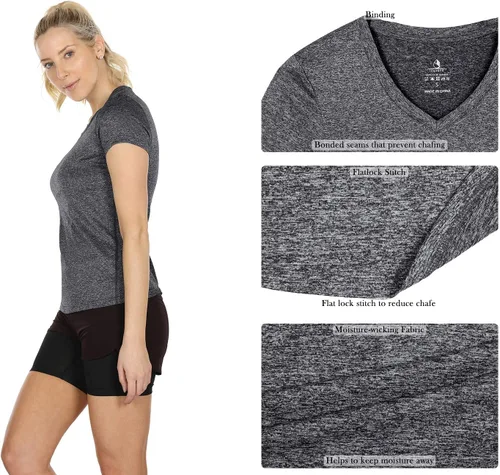 Vista 3 de Icyzone - Camisetas deportivas de cuello en V y manga corta para mujer, ropa de entrenamiento para yoga, correr, acondicionamiento físico y deportes