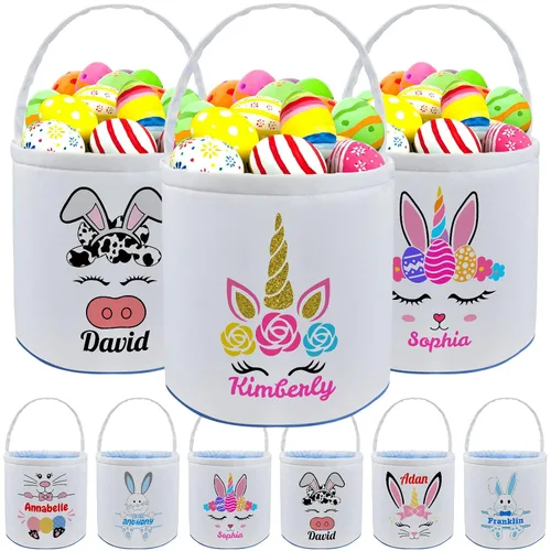 Vista 9 de Cesta de Pascua personalizada con nombre para niños, lona personalizada, cubo de Pascua, regalo para niños y niñas