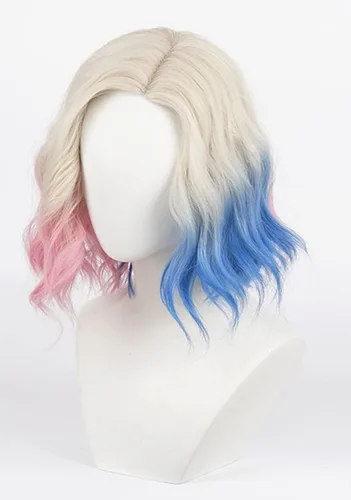Vista 4 de Peluca rubia de onda corta rizada con cabello azul rosa y azul, peluca moderna de anime para cosplay con raya lateral