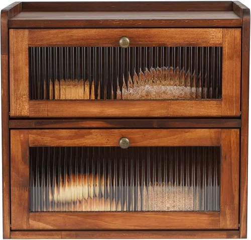 Vista 10 de Sunhoo Panera para encimera de cocina, contenedor de almacenamiento de pan de madera, contenedor de almacenamiento de pan de 2 capas, soporte