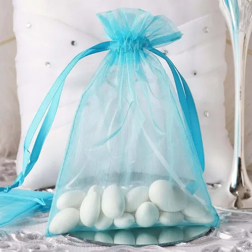 Vista 3 de Juego de 50 bolsas de organza de regalo con cordón azul aguamarina de 4 x 6 pulgadas para baby shower, Navidad, boda, recuerdos de fiesta, despedida