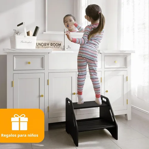 Vista 8 de AMBIRD Taburete de madera – Capacidad de dos pasos de 300 libras con almohadillas antideslizantes de seguridad y asas, bambú para baño, cocina Negro