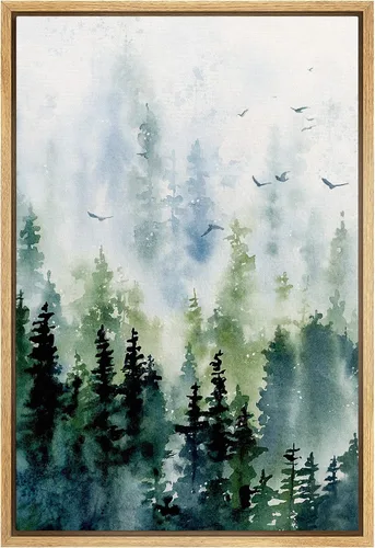 Vista 6 de SIGNWIN Lienzo enmarcado para pared, diseño de planta de bosque de montaña verde pastel, naturaleza, ilustraciones de área silvestre, arte moderno