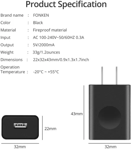 Vista 6 de Cargador de pared USB, adaptador de corriente FONKEN 5V 2A, cargador de viaje universal, enchufe USB, cargador de teléfono celular, bloque de bloque
