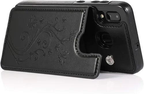 Vista 5 de Funda de teléfono para Samsung Galaxy A20 A30 con protector de pantalla de vidrio templado, tarjetero con soporte para tarjetero, soporte para Negro