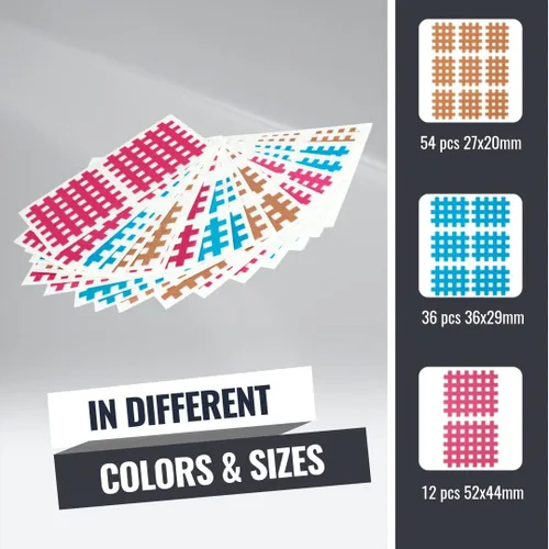 Vista 3 de Rehband Crosstape 102 unidades, cinta de celosía cruzada en diferentes colores y tamaños, parches de acupuntura para deportes y vida cotidiana