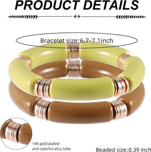 Vista 2 de PIPITREE Brazalete de tubo de bambú para mujer, grueso, curvado, apilable, acrílico transparente, cuentas coloridas, elásticas, pulseras de oro