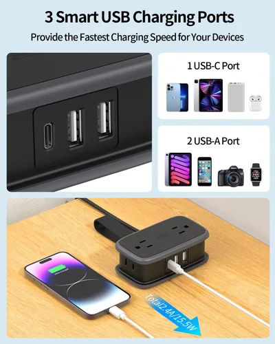 Vista 7 de NTONPOWER - Regleta de alimentación de viaje con puertos USB, enchufe plano de 4 pies envuelto alrededor de cable de extensión corto con 4 tomas, 3