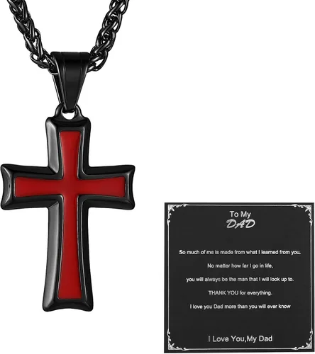 Vista 17 de HZMAN Collar con colgante de cruz de acero inoxidable para hombres con cadena de trigo Negro & rojo