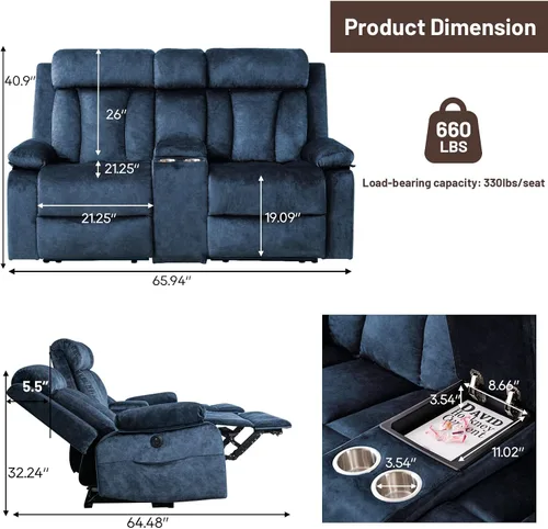 Vista 2 de Sofá reclinable de terciopelo, sofá biplaza reclinable doble con calor y masaje, sofá reclinable de pared con USB y tipo C, sofá reclinable