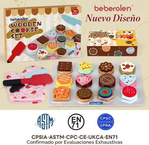 Vista 9 de Juego de Comida de Juguete de Galletas de Madera para Accesorios de Cocina Infantil, Juguetes de Comida para Niños Pequeños de 1-3, Juego