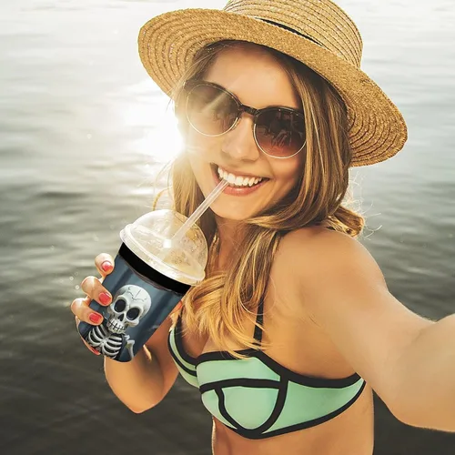 Vista 6 de Skull Reusable Insulated Neoprene Iced Coffee Cup Sleeves 3 Sizes Diving Material Cup Durable Beverage Covers for Cold Coffee Tea Drinks