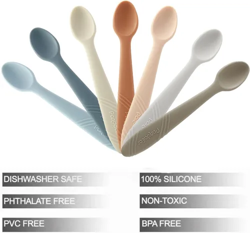 Vista 6 de PandaEar Paquete de 14 cucharas de silicona para bebés, cuchara de entrenamiento de primera etapa, suministros de alimentación, sin BPA, punta