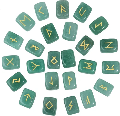 Vista 9 de Nupuyai Juego de piedras rúnicas naturales de cristal pulido de brujas con alfabeto rúnico Futhark de élder grabado para meditación y curación