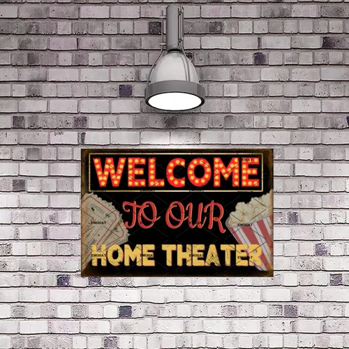 Vista 7 de EMOHAT Letrero de metal retro con texto en inglés "Welcome To Our Home Theater" (Bienvenido a nuestro cine en casa), póster de metal vintage