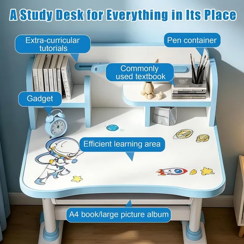 Vista 6 de HEVIRGO Kids Desk and Chair Set – Height Adjustable Blue Study Table Blue-b