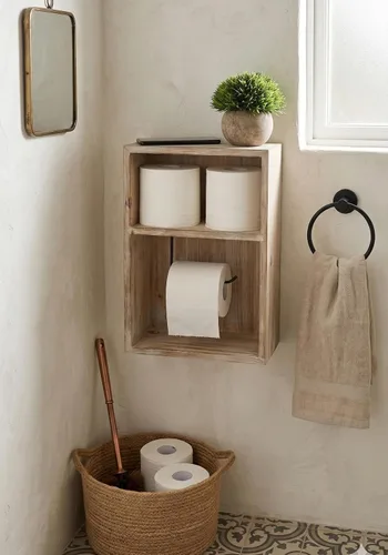 Vista 6 de Soporte de papel higiénico para montaje en pared, dispensador de rollo de papel de seda decorativo, estante flotante, gabinete empotrado