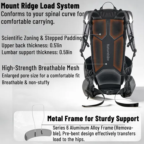 Vista 3 de Naturehike Rock 2.0 Mochila de marco interno con cubierta de lluvia - 30L Negro