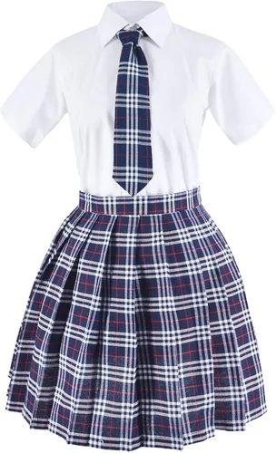 Vista 2 de Uniforme escolar japonés de tartán plisado para cosplay, disfraz con calcetines, gafas, marco, conjunto