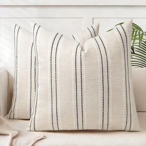 Vista 26 de AELS Fundas de Almohada Decorativas de Lino Estilo Granja de 16x16, Funda de Almohada con Textura Boho, Juego de 2, Beige con Rayas de Hilo Teñido
