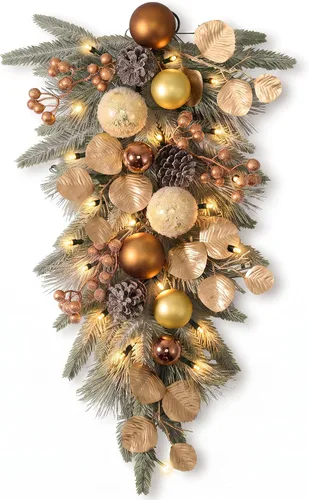 Vista 9 de Valery Madelyn Red Gold Christmas Teardrop Swag Decoration with Lights Rojo dorado