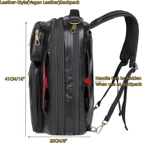 Vista 5 de Mochila de cuero vegano para laptop, maletín híbrido, mochila de viaje para laptop de 15.6 pulgadas, mochila de senderismo, mochila universitaria