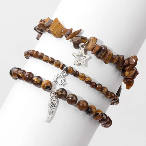 Vista 5 de Juego de 3 pulseras de cuentas de piedra natural para mujeres y hombres, estrellas y luna, alas de ángel, juego de pulseras curativas de reiki